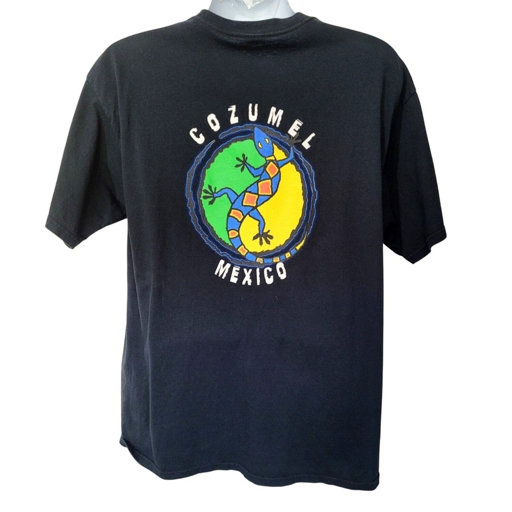 Vtg Yazbek Cozumel Mexico Graphic T-Shirt XL Cotton Black Short Sleeve Sun Faded